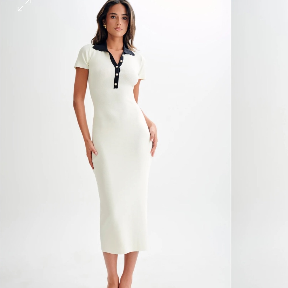 Meshki White Midi Dress with Black Contrast Collar - Picture 1 of 7